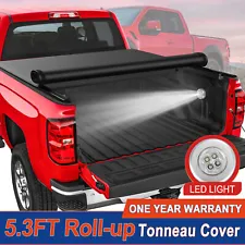 5.3FT Soft Roll Up Tonneau Cover For 2005-2012 Dodge Dakota Truck Bed w/ LED