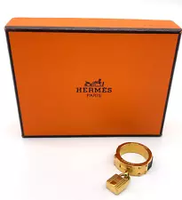 Authentic Hermes Kelly Padlock motif scarf ring Gold Black W/Box SKS3646