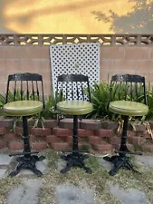 Set Of 3 Vintage Mid Century Swivel Cast Iron Barstools with Back Rest