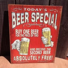 Today's Beer Special Absolutely Free Sign Tin Vintage Garage Bar Decor Old