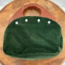 Green Velvet Bermuda Bag Purse Wood Handles 70s 80s