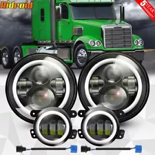 for Freightliner Coronado 7'' Inch LED Headlight Halo Projector + 4'' Fog Lights