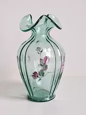 1990s Fenton Art Glass "Vining Garden" Sea Mist Green Vase Hand Painted Signed