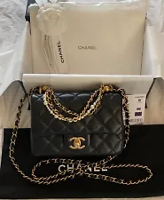 Chanel Black Square Mini Flap Bag Top Handle Pearl Chain Strap 24P