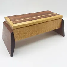 Vintage 70s Handmade Jewelry Box with Velvet Compartments - Maple Rosewood Ebony