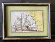 Original Pen & Ink Ship On Nautical Charts By B. Mann 3.75”x 5.75”Brig. 1900s