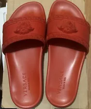 Versace Men's Palazzo Medusa Greek Key Pool Slides Sandals Red