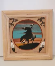 End of the Trail Sand Painting Signed and Framed with Kokopelli and Feathers