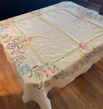 FLORAL CROSS STITCH TABLECLOTH CARD TABLE W/ SKIRT EMBROIDERED 50 X 50