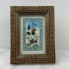 VTG Persian Miniature Equestrian Painting in Khatam wood Inlay Marquetry Frame