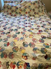 Vintage Antique Quilt Top 62x76" Tumbling Blocks Machine & hand-pieced Scrappy