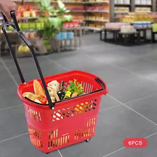 6Pcs 35L Plastic Shopping Carts with Wheels & Handle Shopping Basket Red