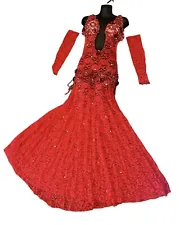 Red Belly Dance Costume Dress Sheer Lace $800