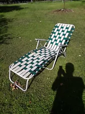 Vintage Lawn Chair Reclining Aluminum Folding Chaise Lounge Webbed White Green