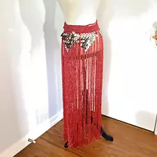 WOMAN'S BELLY DANCING WRAP RED SILVER BEADS ONE SIZE