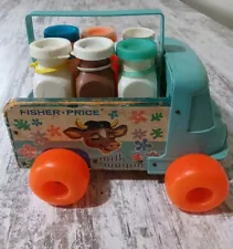 Vintage Fisher Price Milk Truck Pull Toy 6 Bottles 1965