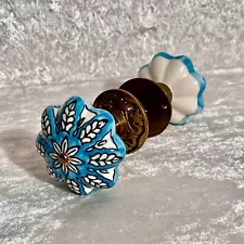 Blue & White Floral Bohemian Style Porcelain & Brass Door Knob