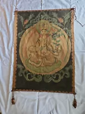 Antique Tibetan THANGKA PAINTING Buddhism Spiritual Art Tangka Diety Silk 27x36