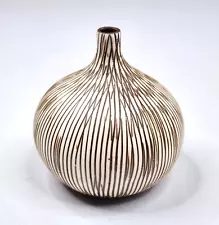 Mini Ceramic Bud Vase 2.5" Garlic Shape White with Brown Etched Vertical Lines