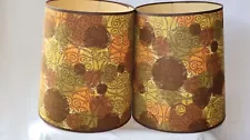 Pair of (2) VTG MCM Drum Lamp Shades abstract Earth Tone pattern fabric large