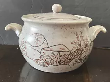 VNTG Bean Pot With Lid Handles Handmade and Hand Painted Stoneware Signed