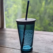 2022 Starbucks Blue Glass Tumbler 16 oz Valentine's Day Cold Cup Recycled