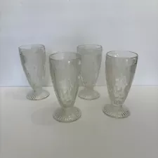 Set of 4 Jeanette Glass Iris & Herringbone water, 10 oz. Footed Glass Tumblers