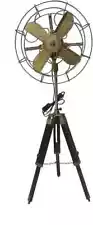 Antique Brass Pedestal Fan with Wooden Tripod Floor Stand Halloween gift