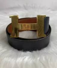 Hermes H Logo Black Leather Brown Leather Gold Buckle Belt Authen