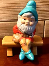 VTG Small Garden Gnome Hand Painted 70s Ceramic Sitting w Pipe & Bag on Bench