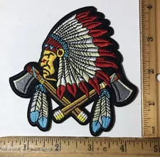 Native American Indian Chief Headdress Axes Iron On Patch Biker Tomahawk