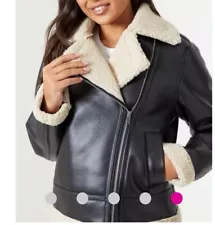 NEW Be You Brown Faux Leather And Cream Fur Aviator Style Jacket Size 22 RRP £99