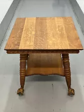 Antique (1899?) tiger oak parlor side table glass ball & claw feet