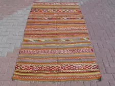 Striped vintage tribal kilim rug, multicolor wool handmade area rug, 4'42" x 7'1