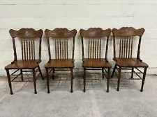 Antique Tiger Oak Press Back Dining Chairs - Set of 4