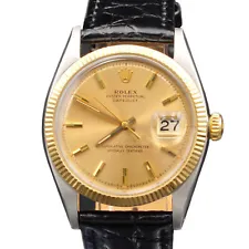 Vintage Mens Rolex Datejust 1601 Two-Tone Watch Gold Champagne Dial Black Strap