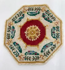 Vtg Needlepoint Petit Point Octagonal Rug Red Gold Green 1:12 Dollhouse