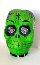 Vintage Green Paper Mache Sugar Skull Sculpture Home Decor