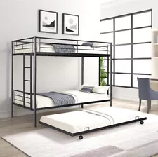 Twin over Twin Metal Bunk Bed Frame with Twin Trundle & Ladder For Kids Bedroom