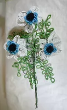 Vintage 1960s Glass Seed Beaded Flowers - Single Stem 3 Anemones - Handmade