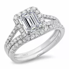 1.57ct Emerald Cut Lab Created Diamond Real 18k White Gold Halo Bridal Set