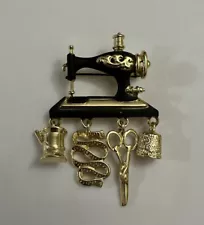 Vintage 1980s Danecraft Brooch Lapel Pin Sewing Machine Black Enamel Gold Tone