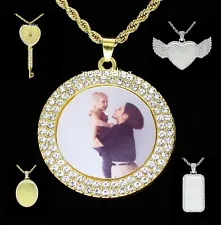 CZ Photo Pendant Gold Plated Stainless Steel Rope Chain Picture Included