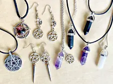 Wiccan Pagan 7 Pendant Lot PENTAGRAM CRYSTAL AMETHYST + 2 Pairs Pierced Earrings