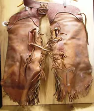 Leather Working Chaps Western Cowboy Fringed, Waist adjustable from 38" to 44"