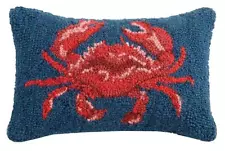 Red Beach Crab on Navy Background Nautical Hook Wool Mini Accent Pillow 8" x 12"