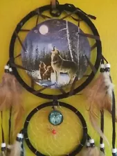 NATIVE AMERICAN DESIGN WOLF DREAMCATCHER WITH BRASS WOLF AMULET, 27" Long