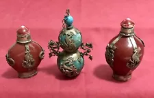 REDUCED!Chinese/Asian Snuff Bottles set of 3 with "Dragon" theme and makers mark