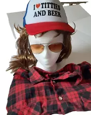 Halloween 80's Redneck Costume-Trucker Hat-Flannel Shirt-Mullet Wig-Shades READ