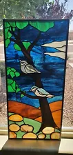 Rare Large Stain Glass Tiffany Style Landscape Birds W/ Agates Approx 32inx15in